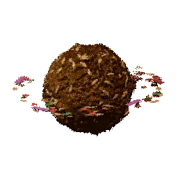 An animated 3d render of a large ball of falafel being orbited by sesame seeds and other pink, red, and green ingredients.