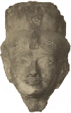 A cropped photograph of a stone bust of an 18th or 19th Dynasty Egyptian royal. 