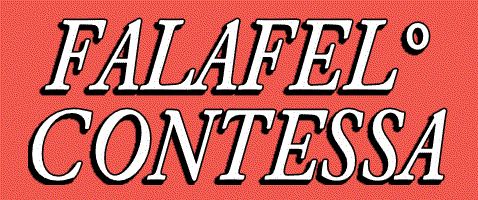 An image of white text over a red background, which reads: Falafel Contessa.