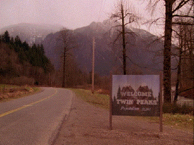 "A frame of the Twin Peaks opening credits, showing the word "Falafel" instead of "Twin Peaks".